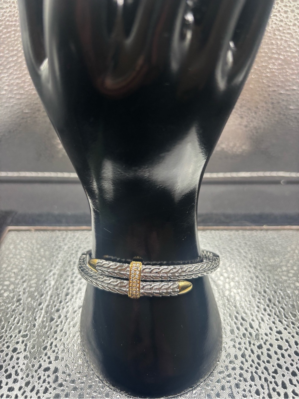 Two-Tone Braided Cuff Bracelet with Gold Pave Accent - Silver & Gold
